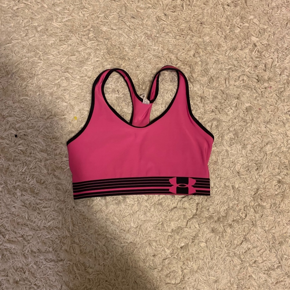 Pink and black under armour sports bra